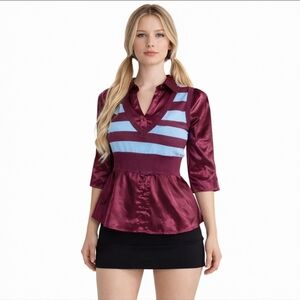 Y2K Sailor Moon Inspo Satin Striped Red Knit Peplum Top Preppy Twee Whimsical XS